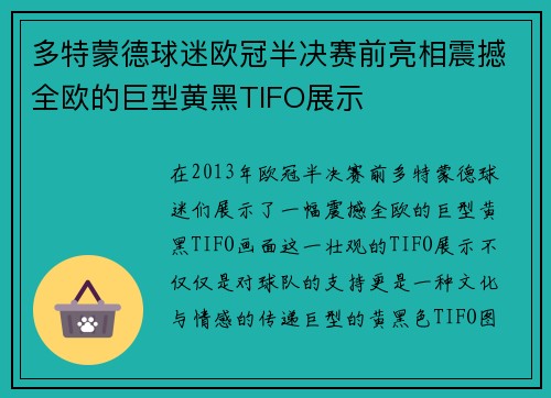 多特蒙德球迷欧冠半决赛前亮相震撼全欧的巨型黄黑TIFO展示